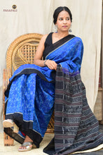 Load image into Gallery viewer, Shankha and fish motif detail on Shankhamayi Sambalpuri Bandha saree — double ikat resist-dyed in blue mercerized cotton