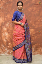 Load image into Gallery viewer, Front drape of Sharmila authentic Sambalpuri handloom cotton saree with geometric floral Bandha patterns, Pasapali