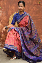 Load image into Gallery viewer, Sharmila pink and blue Sambalpuri Bandha saree folded to show Rudraksha border and Bandhakala weave detail