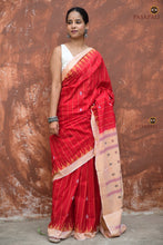 Load image into Gallery viewer, Sharvari Sambalpuri Phoda Kumbha saree flat lay — full 5.40m red cotton cloth, Pasapali