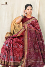 Load image into Gallery viewer, Duck fish elephant shankh motif body weave — Shri Sambalpuri Bandha maroon cotton saree, Pasapali