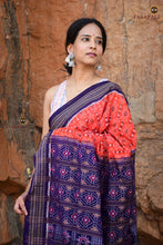 Load image into Gallery viewer, Close-up of Rudraksha motif border on Shvetra orange Sambalpuri cotton saree by Pasapali