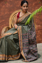 Load image into Gallery viewer, Smritirekha Greenish Grey ikat saree Odisha — front drape showing Rudraksha border — Pasapali