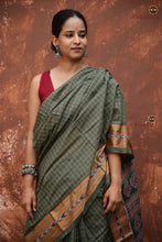 Load image into Gallery viewer, Smritirekha Sambalpuri Bandha saree Rudraksha border close-up in Greenish Grey — Pasapali Odisha