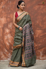 Load image into Gallery viewer, Smritirekha Sambalpuri Bandha saree Rudraksha and flower motif detail — Greenish Grey — Pasapali