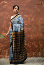 Load image into Gallery viewer, Smritirekha authentic Sambalpuri handloom saree drape view — light blue cotton, Bhulia weavers Odisha