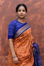 Load image into Gallery viewer, Tambuli Sambalpuri cotton saree front drape — light brown and blue Bandha ikat by Pasapali, Bhulia weavers Odisha
