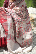 Load image into Gallery viewer, Vanajyoti Kotpad saree draped front — natural dyed Tussar Cotton Silk, tribal border, Pasapali
