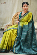 Load image into Gallery viewer, Flat lay of Vanasri green Sambalpuri cotton saree showing full length — rudraksha border, ikat pallu, plain body, Pasapali
