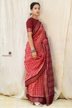 Load image into Gallery viewer, Vasumati Maroon Sambalpuri Bandha Mercerized Cotton saree by Pasapali — full hero view with ikat phula lata body