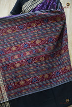 Load image into Gallery viewer, Draped front detail of Vasundhara — original Sambalpuri cotton saree in purple with double ikat flower motifs. Pasapali.