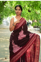 Load image into Gallery viewer, Black Sambalpuri mercerized cotton saree, Pasapali double ikat, kumbha body motif, maroon Rudraksha border, ikat pallu — full view.
