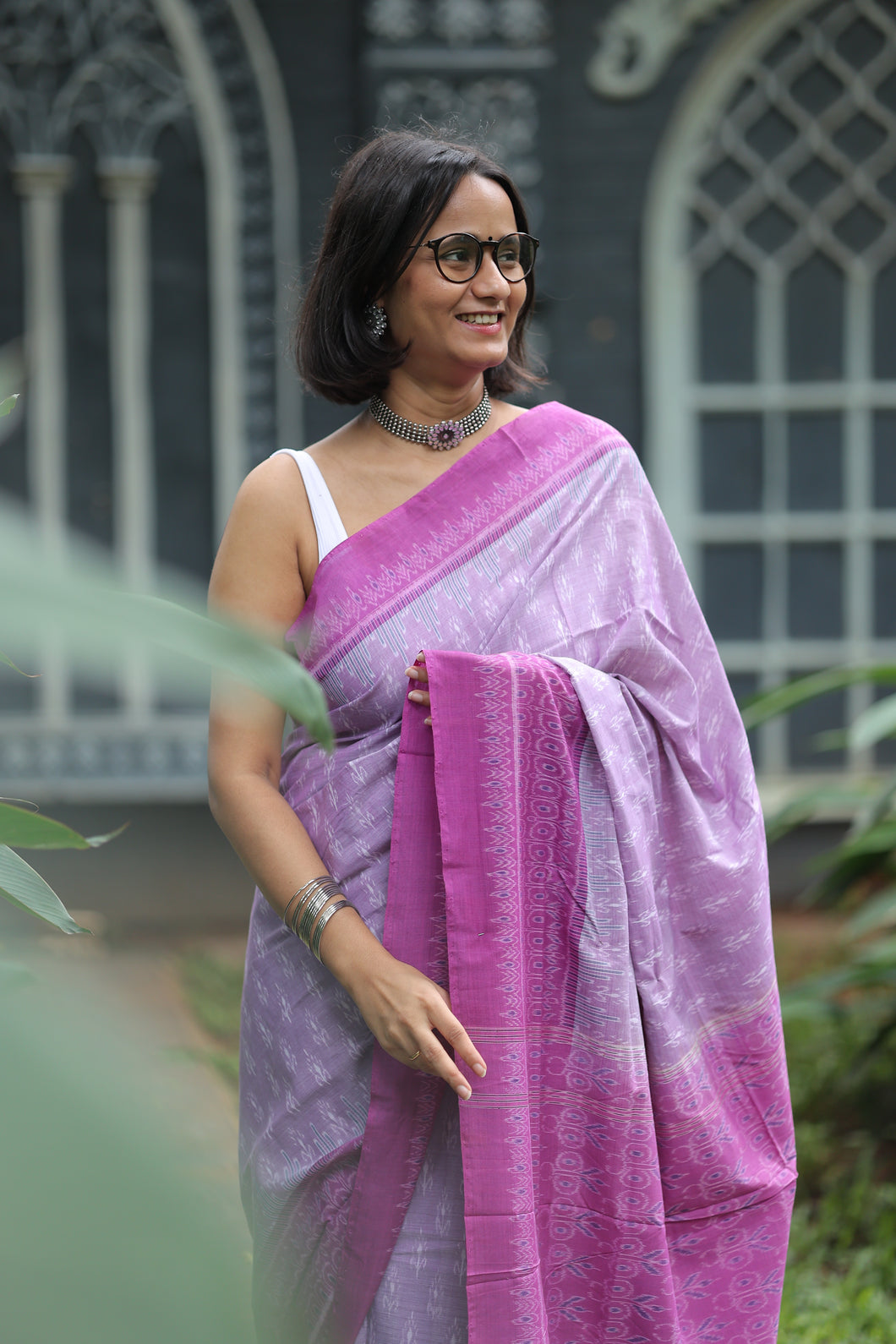 Purple Pink Sambalpuri Cotton Saree - Floral Ikat