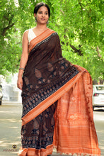 Load image into Gallery viewer, Front drape of Black Sambalpuri Mercerized Cotton saree by Pasapali showing brown stripe body and Rudraksha motif border in double ikat weave.
