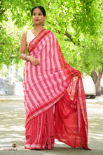 Load image into Gallery viewer, Handloom drape view of pink Sambalpuri cotton saree with ikat stripes and rudraksha border by Pasapali Odisha
