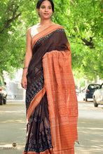 Load image into Gallery viewer, Full view of Black Sambalpuri Mercerized Cotton saree by Pasapali — Rudraksha border, flower ikat pallu, brown stripes, leaf motif body.
