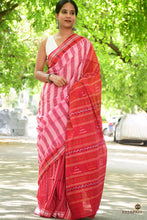 Load image into Gallery viewer, Pink Sambalpuri cotton saree by Pasapali — full view showing patli half-and-half ikat stripes and phoda kumbha border
