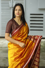 Load image into Gallery viewer, Bomkai Mulberry Silk Saree in Golden with Maroon Border – Handwoven Odisha Saree with Rudraksha &amp; Fish Motifs
