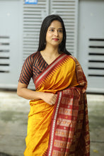 Load image into Gallery viewer, Bomkai Mulberry Silk Saree in Golden with Maroon Border – Handwoven Odisha Saree with Rudraksha &amp; Fish Motifs
