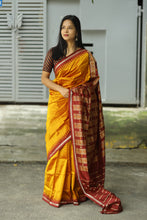 Load image into Gallery viewer, Bomkai Mulberry Silk Saree in Golden with Maroon Border – Handwoven Odisha Saree with Rudraksha &amp; Fish Motifs
