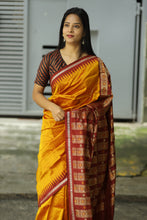 Load image into Gallery viewer, Bomkai Mulberry Silk Saree in Golden with Maroon Border – Handwoven Odisha Saree with Rudraksha &amp; Fish Motifs
