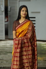 Load image into Gallery viewer, Golden Bomkai silk saree with maroon blouse woven in fish stripe design
