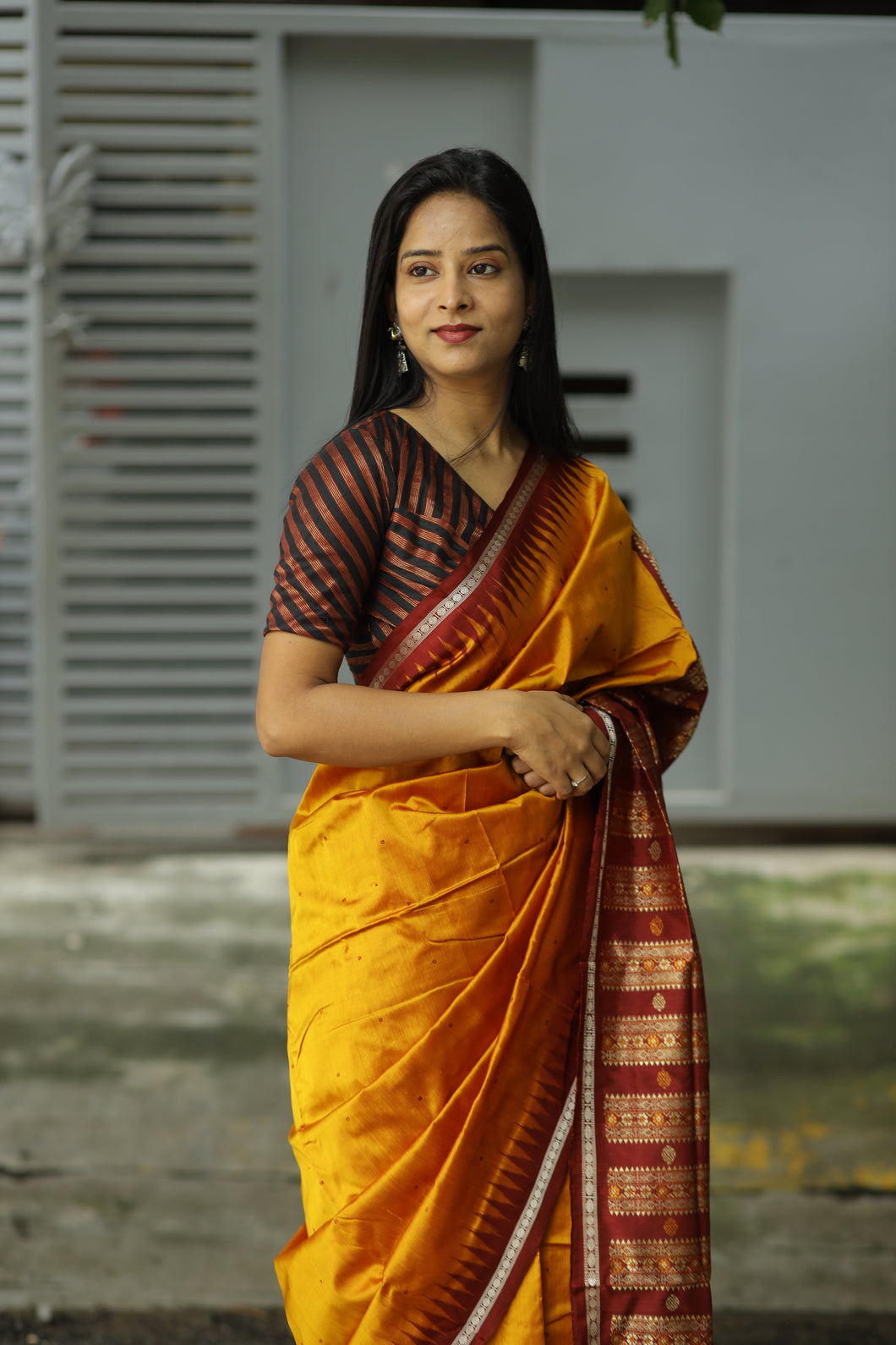 Bomkai Mulberry Silk Saree in Golden with Maroon Border – Handwoven Odisha Saree with Rudraksha & Fish Motifs