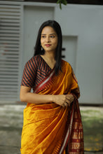 Load image into Gallery viewer, Bomkai Mulberry Silk Saree in Golden with Maroon Border – Handwoven Odisha Saree with Rudraksha &amp; Fish Motifs
