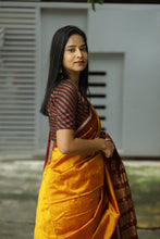 Load image into Gallery viewer, Bomkai Mulberry Silk Saree in Golden with Maroon Border – Handwoven Odisha Saree with Rudraksha &amp; Fish Motifs
