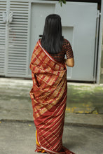 Load image into Gallery viewer, Bomkai Mulberry Silk Saree in Golden with Maroon Border – Handwoven Odisha Saree with Rudraksha &amp; Fish Motifs
