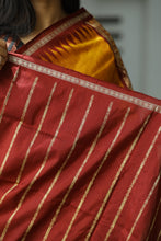 Load image into Gallery viewer, Pasapali Bomkai mulberry silk saree in golden with maroon Rudraksha border
