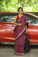 Load image into Gallery viewer, Maroon border with Rudraksh motifs on purple Sambalpuri cotton saree, symbol of Odisha’s weaving heritage
