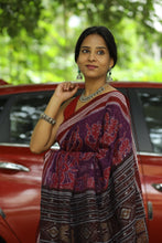Load image into Gallery viewer, Mercerized cotton Sambalpuri saree in purple and maroon, showcasing iconic Odisha handloom artistry
