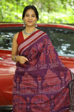 Load image into Gallery viewer, Purple Sambalpuri cotton saree with Konark motifs and maroon Rudraksh border, handwoven in Ikat style
