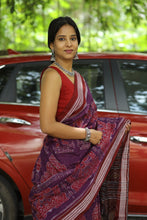 Load image into Gallery viewer, Elegant Bandha Ikat Sambalpuri saree in purple with intricate architectural motifs and cultural detailing
