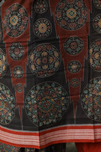 Load image into Gallery viewer, Rāgini – Black &amp; Rust Mercerized Cotton Sambalpuri Saree with Musical Ikat Motifs
