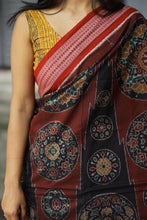 Load image into Gallery viewer, Rāgini – Black &amp; Rust Mercerized Cotton Sambalpuri Saree with Musical Ikat Motifs

