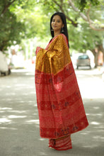 Load image into Gallery viewer, Yellow Sambalpuri cotton saree with handwoven tree motifs and red rudraksh border – Pasapali
