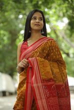 Load image into Gallery viewer, Luxury Sambalpuri handloom saree in yellow with detailed tree motifs and red accents
