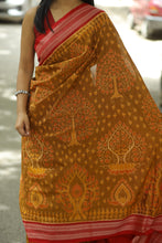 Load image into Gallery viewer, Heritage Sambalpuri cotton saree featuring red rudraksh border and Ikat pallu on yellow base
