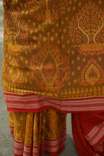 Load image into Gallery viewer, Yellow-red Sambalpuri saree woven with tree motifs and symbolic rudraksh border design
