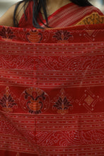 Load image into Gallery viewer, Yellow cotton saree with red rudraksh motifs and Ikat weaving – authentic Sambalpuri GI tag
