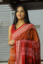 Load image into Gallery viewer, Artisan-crafted Sambalpuri cotton saree in soft brown with symbolic fish border and heritage animal motifs
