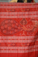 Load image into Gallery viewer, Premium Sambalpuri handloom saree with symbolic elephant, lion, and fish Ikat motifs, crafted in light brown cotton
