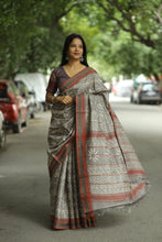 Load image into Gallery viewer, Designer Tussar silk saree with artisan block prints and signature Vidarbha border style

