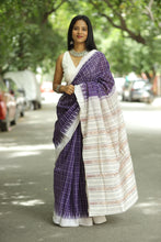Load image into Gallery viewer, Purple PhodaKumbha Sambalpuri cotton saree with checked pattern and off-white border – Pasapali
