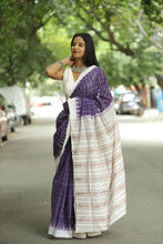 Load image into Gallery viewer, Handwoven Sambalpuri cotton saree in purple with Ikat motifs on pallu and temple border – Pasapali
