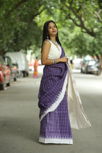 Load image into Gallery viewer, Handcrafted Sambalpuri cotton saree in purple with Ikat motifs on pallu and temple border – Pasapali
