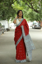Load image into Gallery viewer, Authentic handloom Phoda Kumbha saree in maroon red with fish motifs and contrasting diamond border
