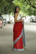 Load image into Gallery viewer, Luxury Sambalpuri cotton saree with intricate fish weaving, grey border, and handcrafted ikat pallu
